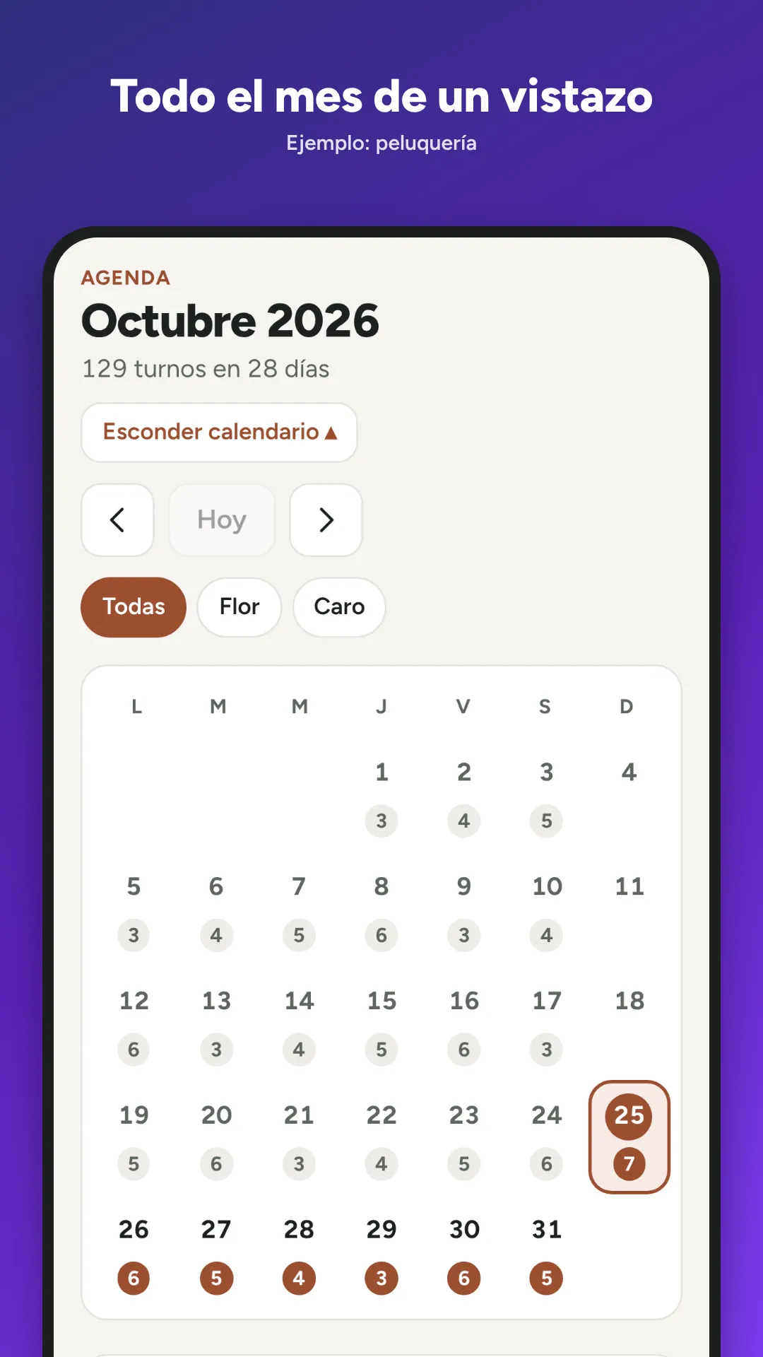 Agenda del mes de una peluquería con los turnos de cada día