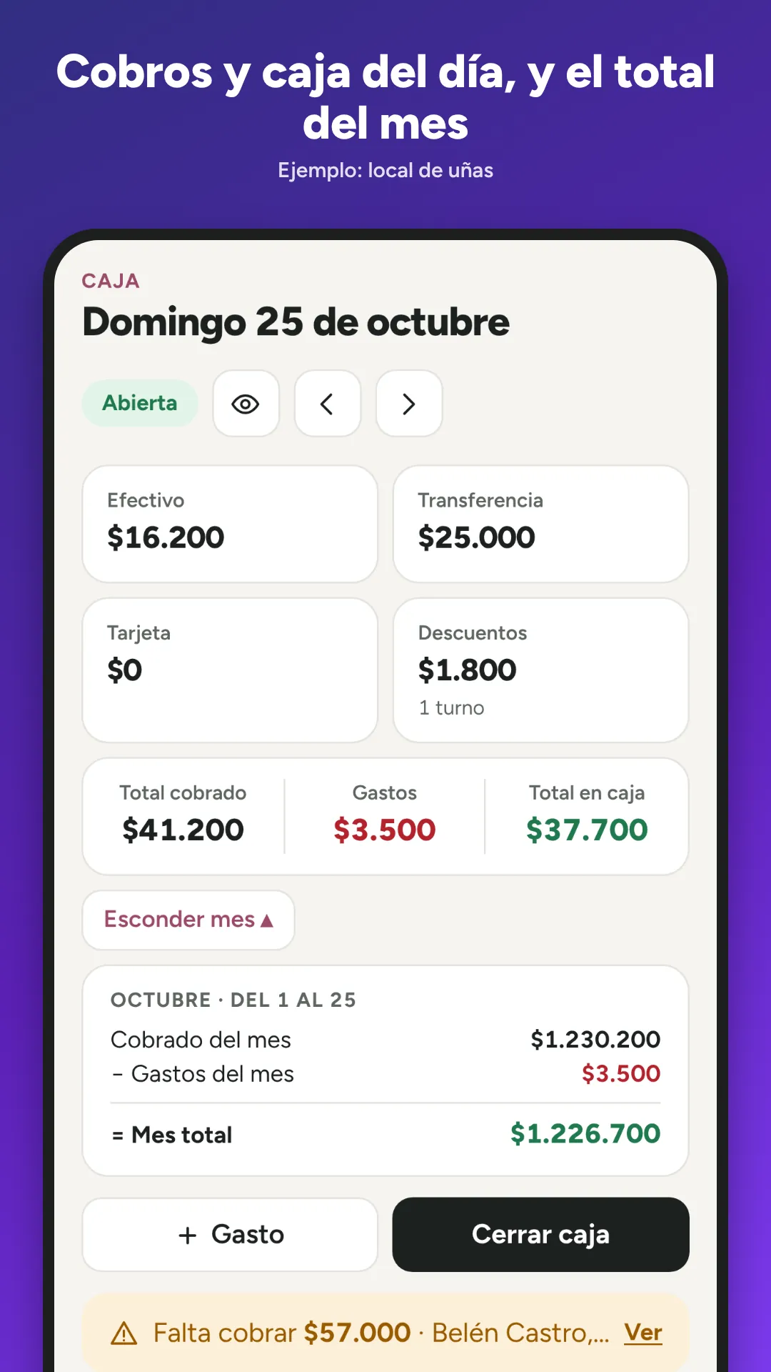 Caja del día de un local de uñas: cobros, gastos, cierre y total del mes