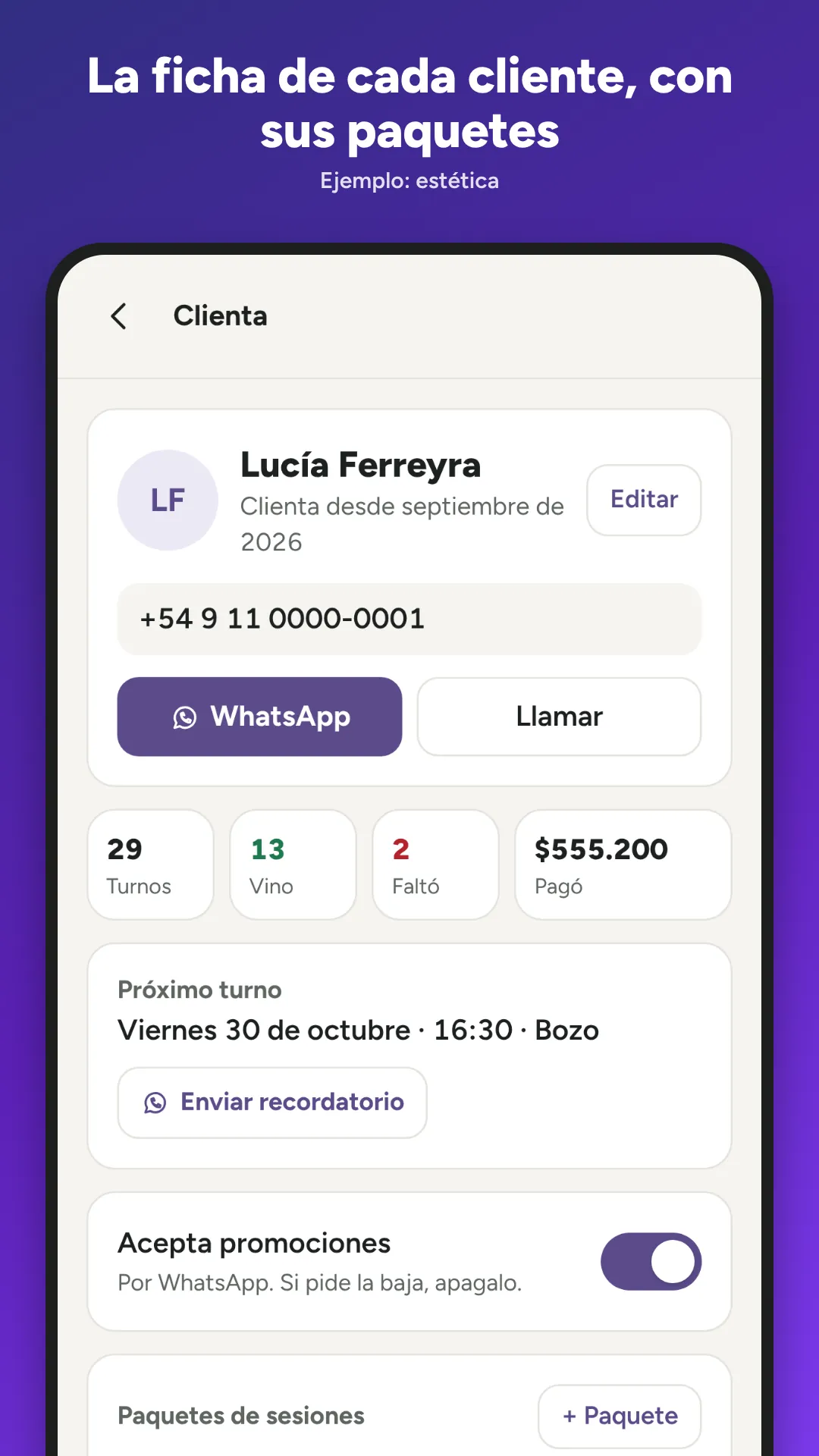 Ficha de una clienta de estética con historial y paquetes de sesiones