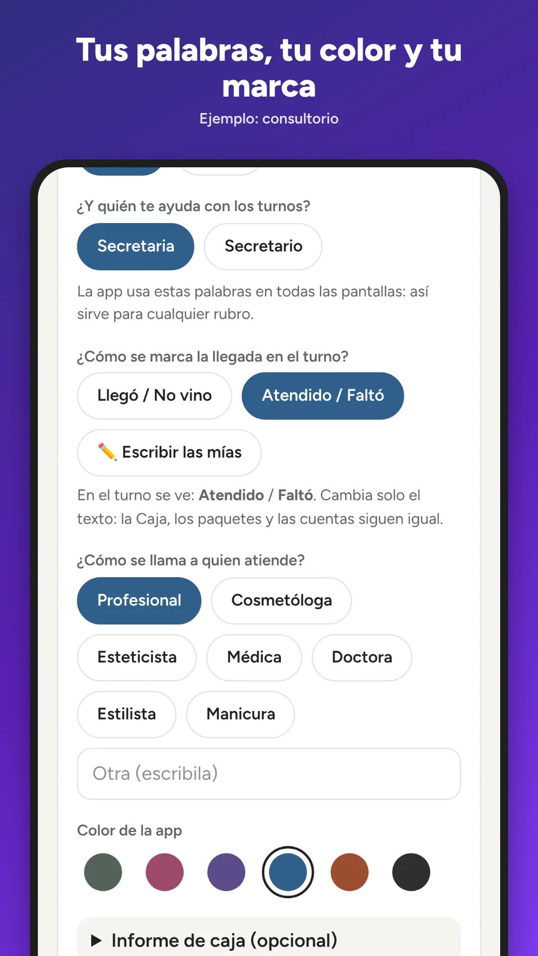 Mi negocio: pacientes, clientes o clientas; cómo se marca la llegada; quién atiende y el color de la app