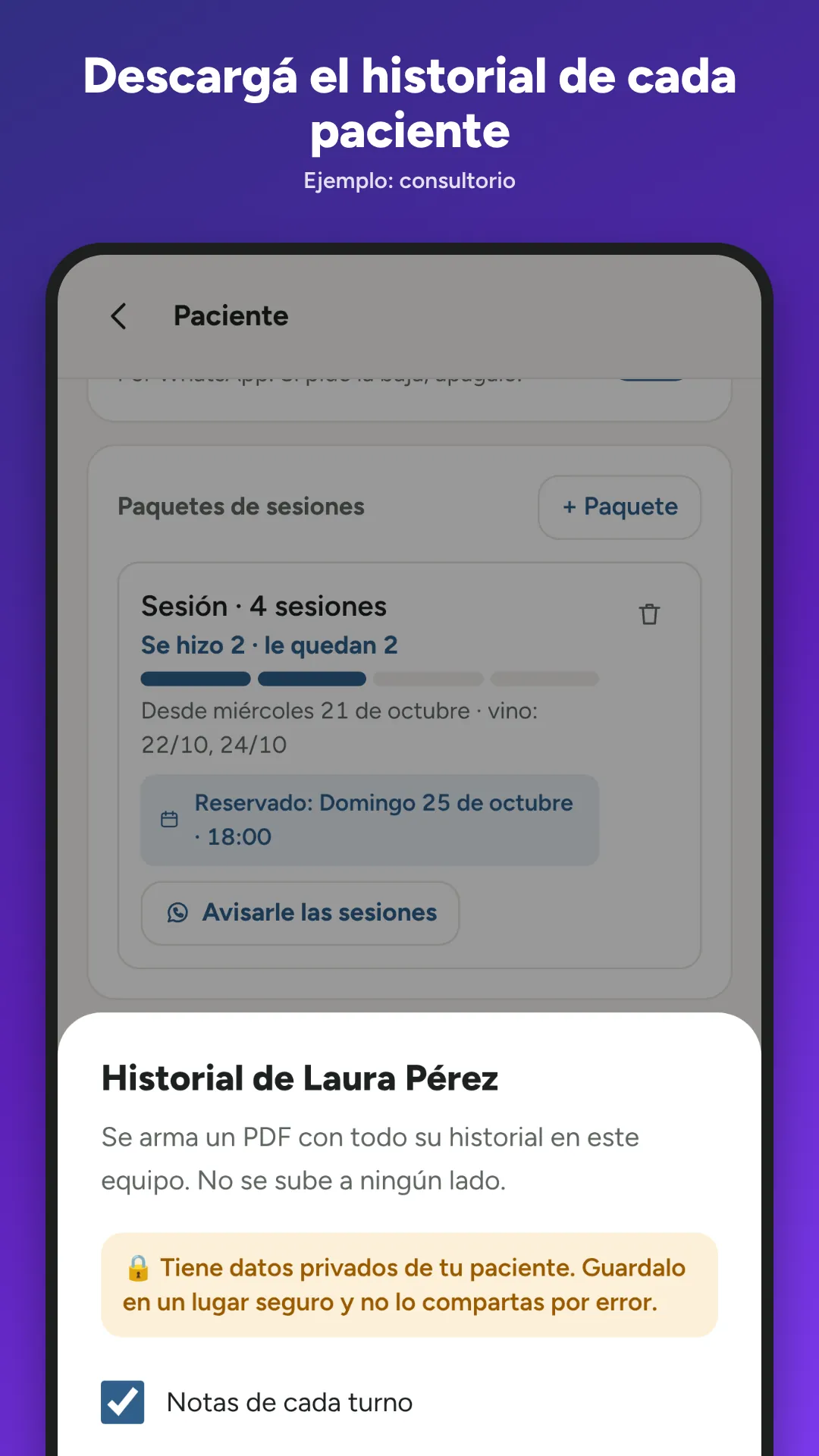 Descargar el historial de un paciente en PDF, con aviso de que son datos privados