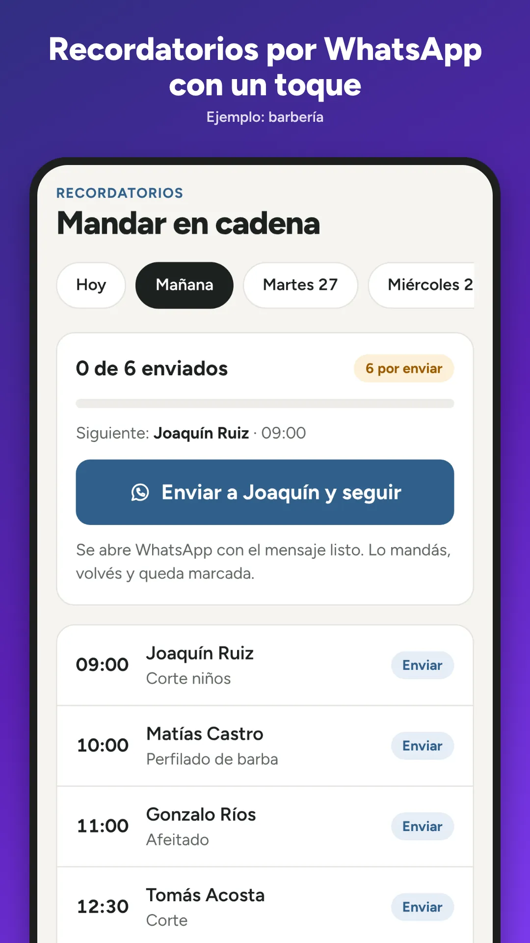 Recordatorios por WhatsApp, uno tras otro