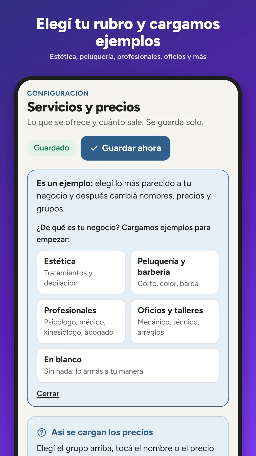 Elegí tu rubro: estética, peluquería y barbería, profesionales, oficios y talleres, o en blanco