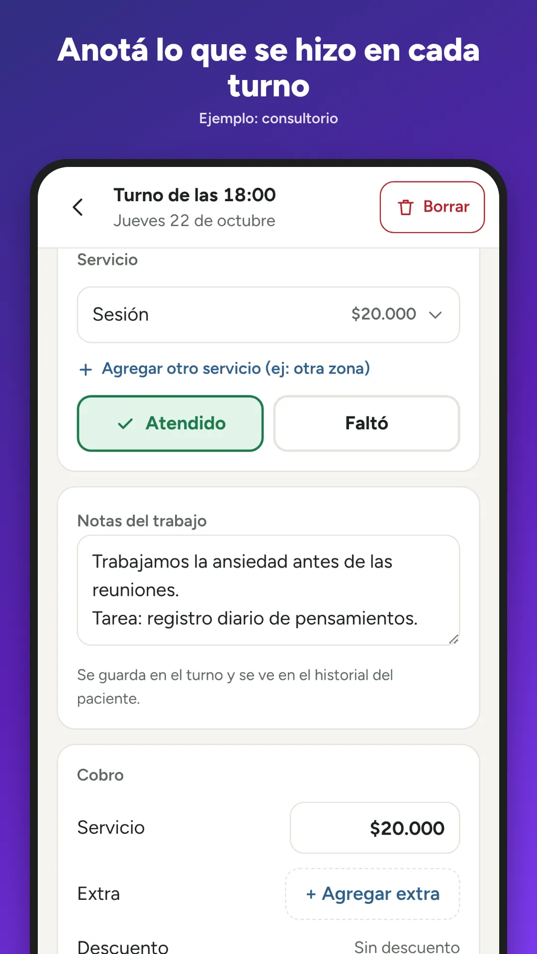 Notas del trabajo en el turno de un paciente de un consultorio: qué se hizo en la sesión